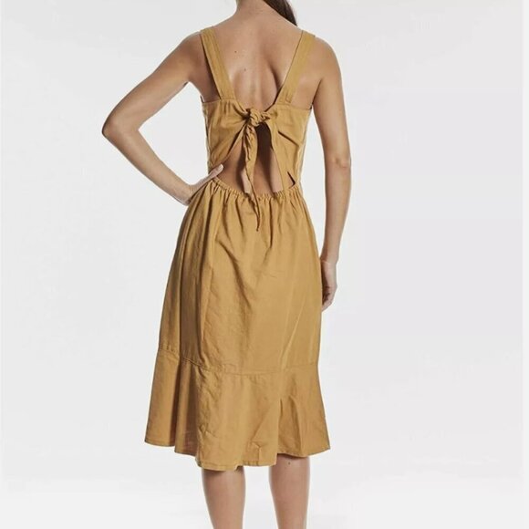 OAT New York Honey Mustard Bow Back Button Front Flounce Dress, Size Small - Picture 3 of 16